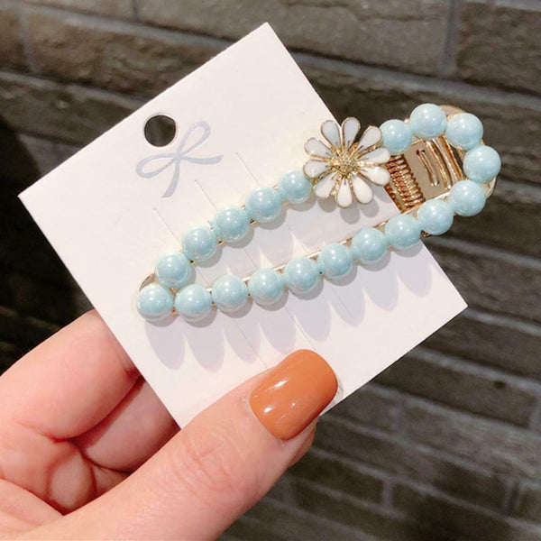 Korean Flower Beads Fringe Headwear Women Bang Duckbill Clip (Light Blue) A#S