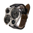 Men OULM Military Army Dual Time Zones Big Dial Leather Sports Watch Black A