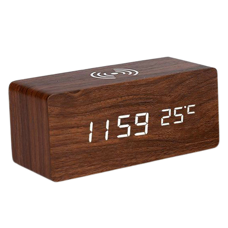 Multifunction Wooden Phone Fast Wireless Charger Dock Alarm Clock Bedside