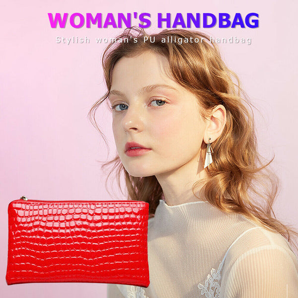 Retro Crocodile Leather Women Clutch Bag Zipper Purse Solid Handbag (Red)