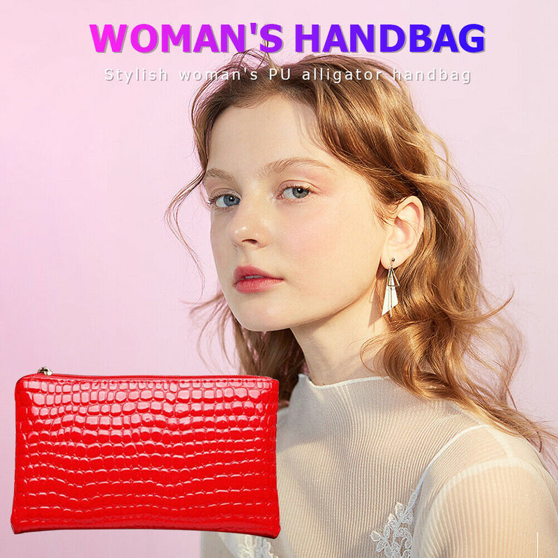 Retro Crocodile Leather Women Clutch Bag Zipper Purse Solid Handbag (Red)