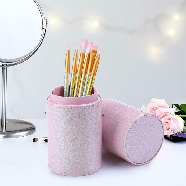 Portable PU Leather Cosmetic Storage Box Makeup Pen Brush Cup (S Pink) A#S