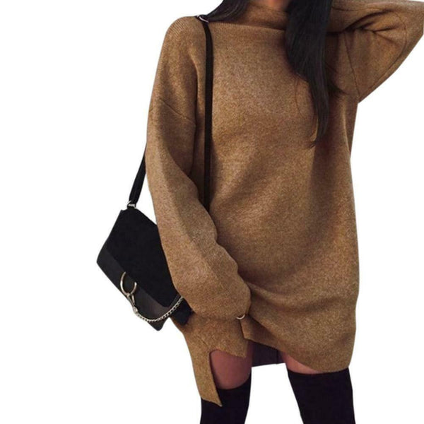 Solid Color Sweater Dress Women High Neck Long Sleeve Dresses (Coffee L) A#S