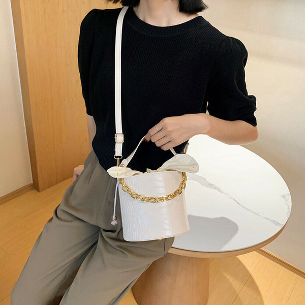 Alligator PU Bucket Bag Women Chain Shoulder Crossbody Handbag (White) A#S