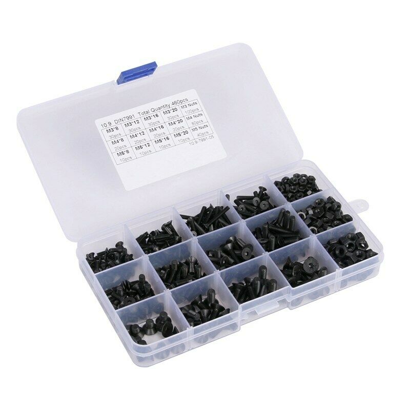 460Pcs M3 M4 M5 Alloy Steel Countersunk Flat Head Hex Socket Cap Screws Nut G8X7