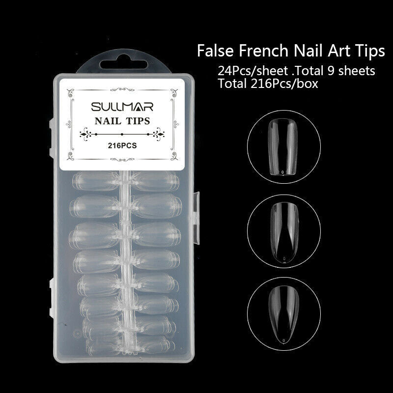 216Pcs 3IN1  Acrylic False All French Nail Art Tips Nail Art Natural DIY Too Ew