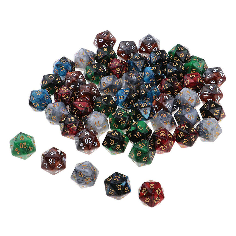 50pcs Six Sided D20 Polyhedral Dice with Double Colors & Numbers 16mm