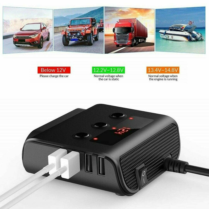 3-Way Car Cigarette Lighter Adapter 12V-24V Socket Splitter LED 4 USB Charger