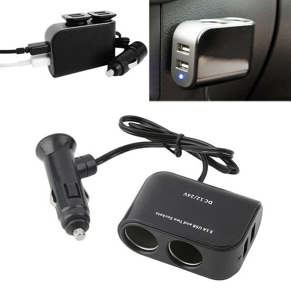 1*2 Way Car Cigarette Lighter Socket Splitter 12V Dual USB Charger Power Adapt &