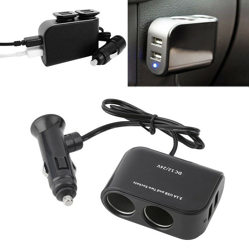 1*2 Way Car Cigarette Lighter Socket Splitter 12V Dual USB Charger Power Adapt &