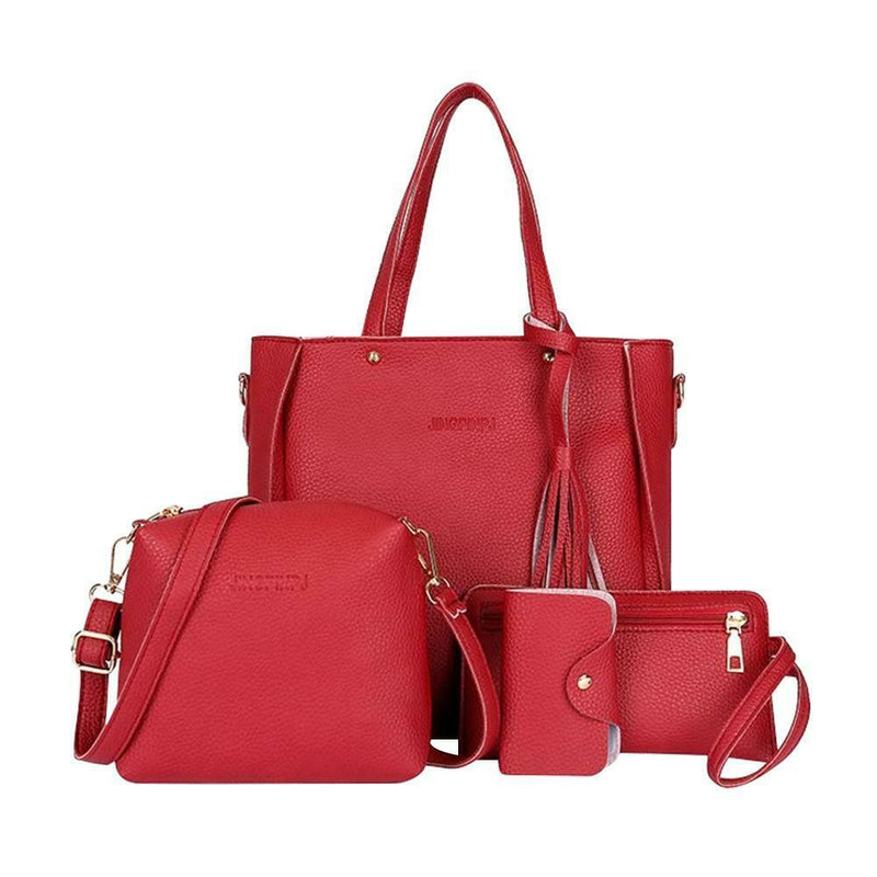 4pcs/set Litchi Leather Tassel Women Tote Shoulder Handbags Card Bags (Red)