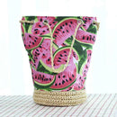 Folk Women Watermelon Print Bucket Handbag Beach Canvas Straw Shoulder Bag