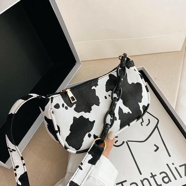 Cow Print PU Women Handbag Tote Acrylic Chain Underarm Shoulder Bag (White)
