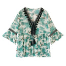 Women Plus Size Floral Print Chiffon Loose V-Neck Sleeve Top (Green) (XXL)