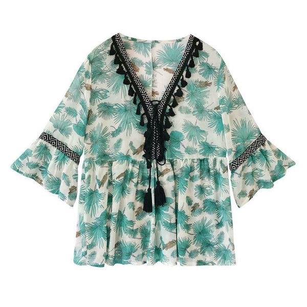 Women Plus Size Floral Print Chiffon Loose V-Neck Sleeve Top (Green) (XXL)