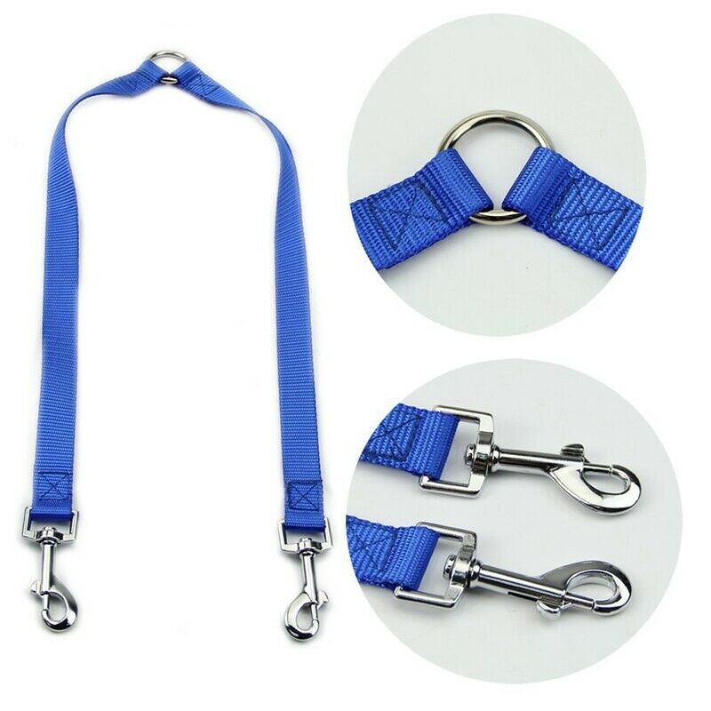 Blue Nylon Double Dual Two Pets Dogs Leash 1 Lead 2 Way Coupler Walk Neckla