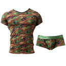 Mens Green Camo T Shirt Summer Sports Tops  Brief Swim Trunk Set