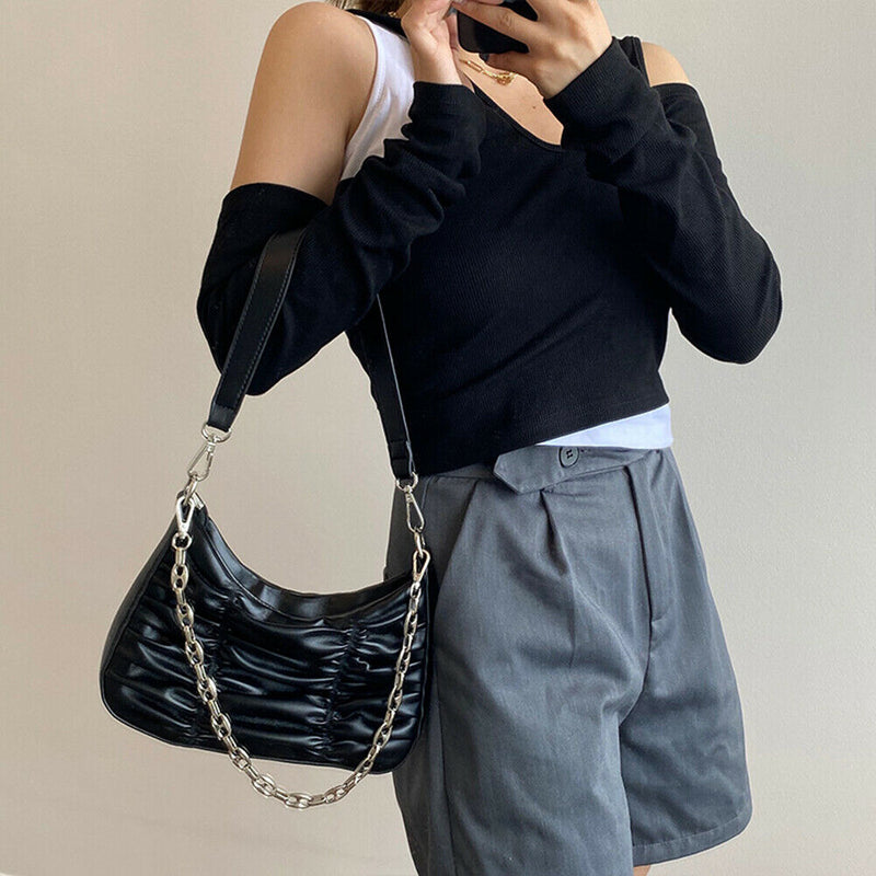 Fashion Chain Underarm Purse Female PU Pleated Shoulder Top-handle Bag Handbag
