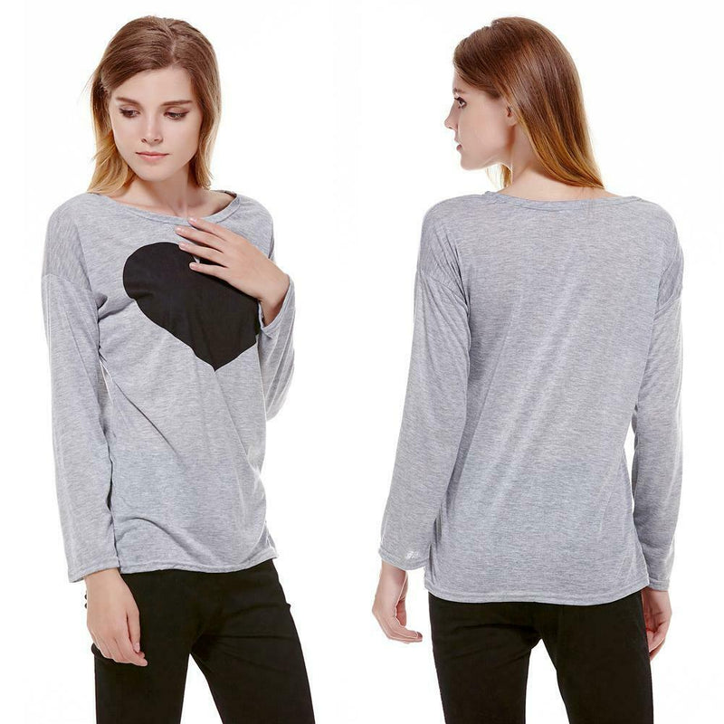 New Women Lady Cute Heart Love Round Neck Long Sleeve Top Tshirt Blouse L