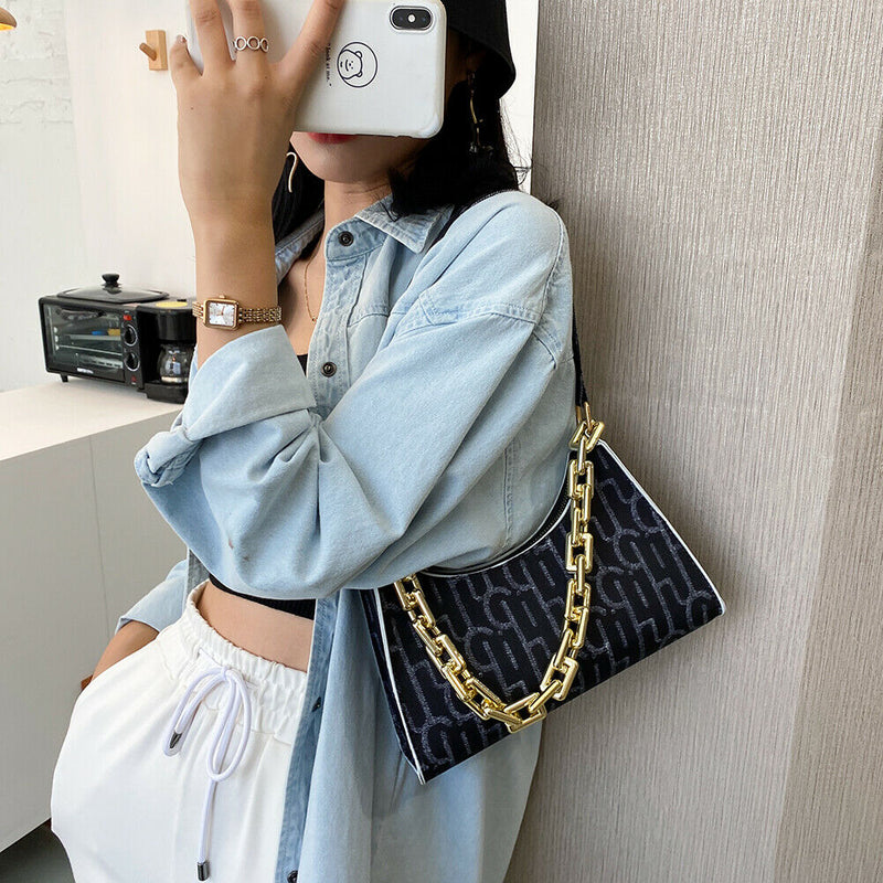 Casual Printed Women Handbag Totes PU Chain Underarm Shoulder Bags (Black) A