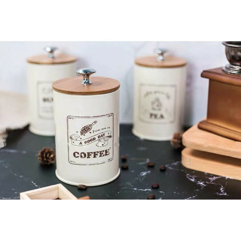 3pcs Retro Tea Coffee Sugar Canister Container Jar Pots Tins Iron w/ Lids