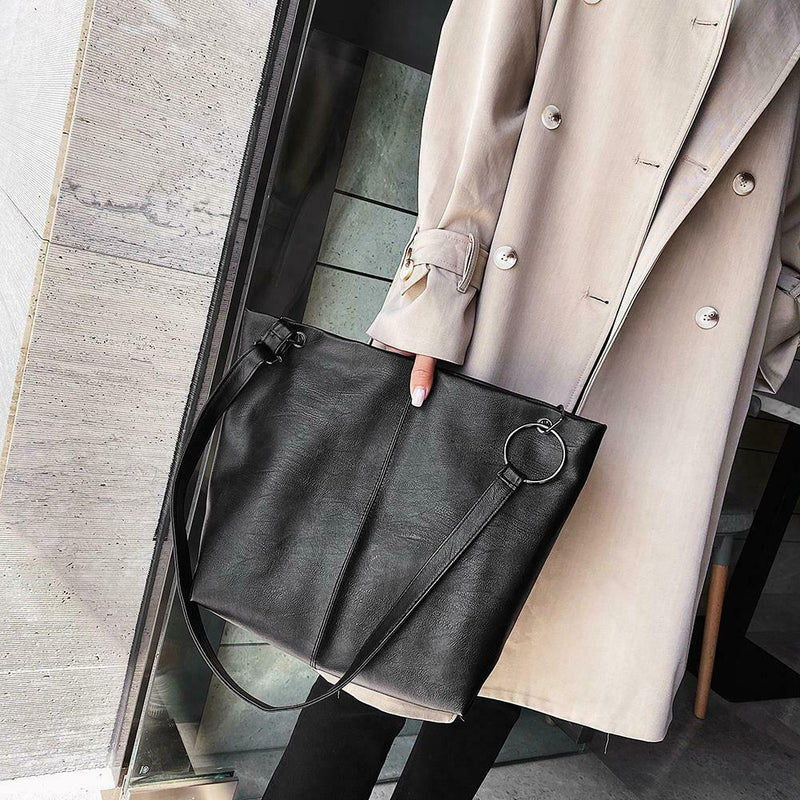 Women Leather Shoulder Crossbody Bag Large Capacity Travel Handbag (Black)