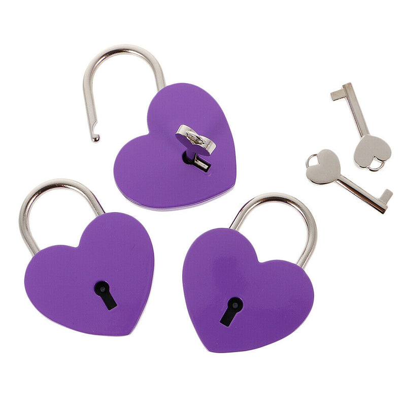 Set of 3 Cute Heart Shape Padlocks Metal Lock with Keys, Purple L