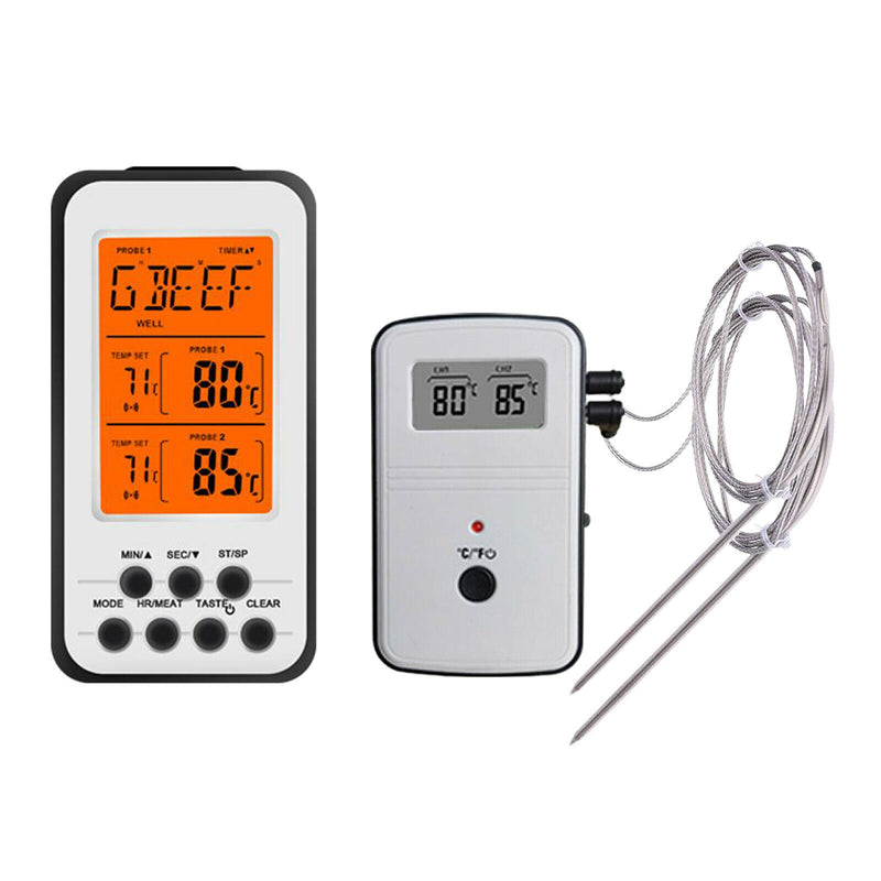 Instant Read Wireless Digital BBQ Meat Thermometer w/ Dual Probes Time Alarm