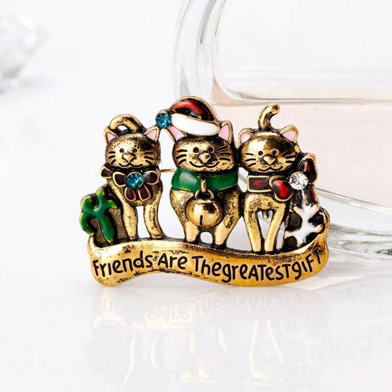 "Friends Are The Greatest Gift" Cat Enamel Rhinestone Brooch Pin for Women  F7R8