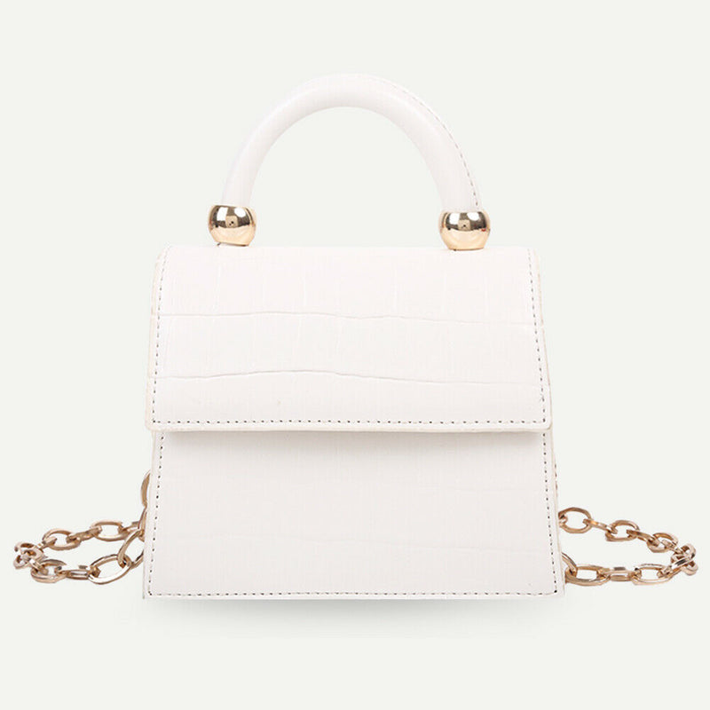 Women Mini Shoulder Bag Alligator PU Tote Chain Crossbody Pouch (White)