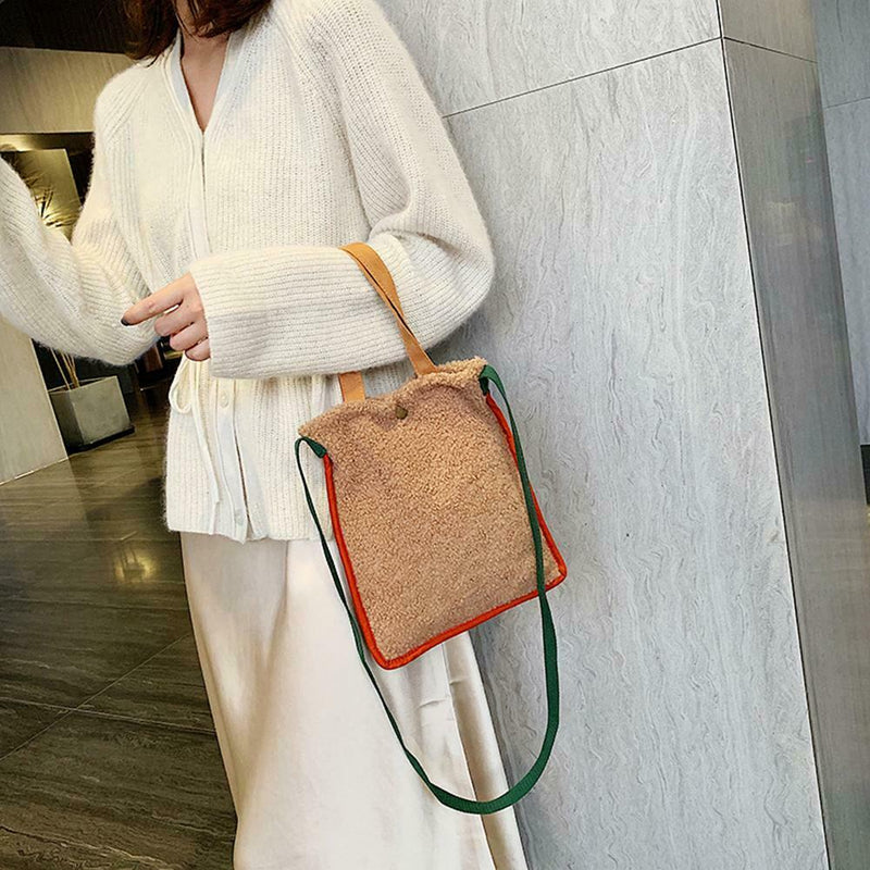 Plush Women Shoulder Crossbody Bag Hit Color Fashion Handbag (Light Brown)