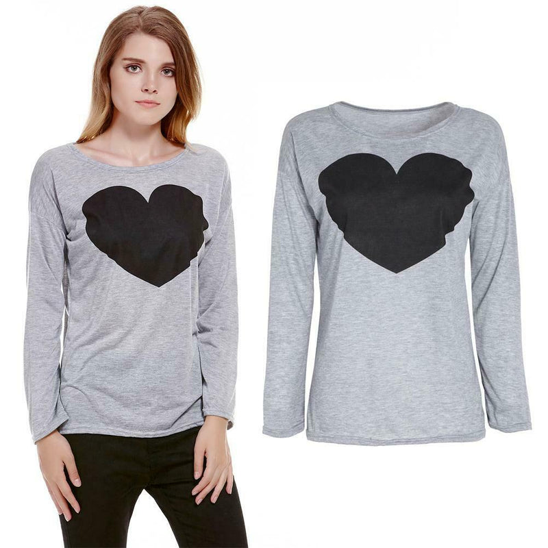 New Women Lady Cute Heart Love Round Neck Long Sleeve Top Tshirt Blouse L