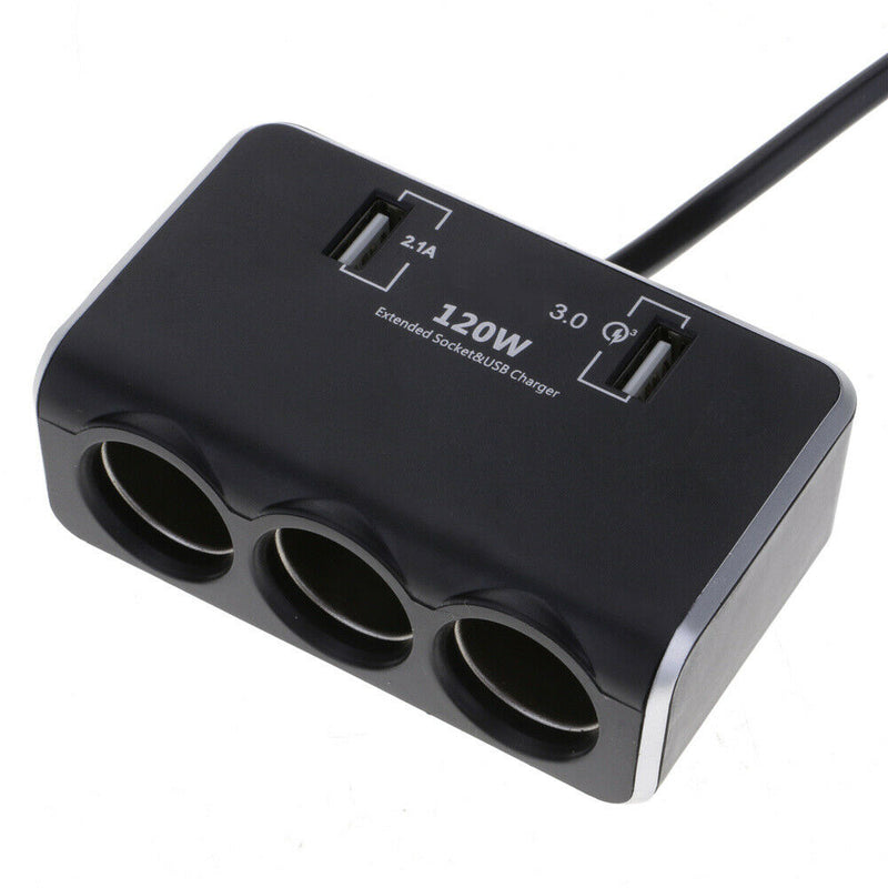 3 Sockets Cigarette Lighter Quick Charge 3.0 Car Charger Splitter Adapter Black