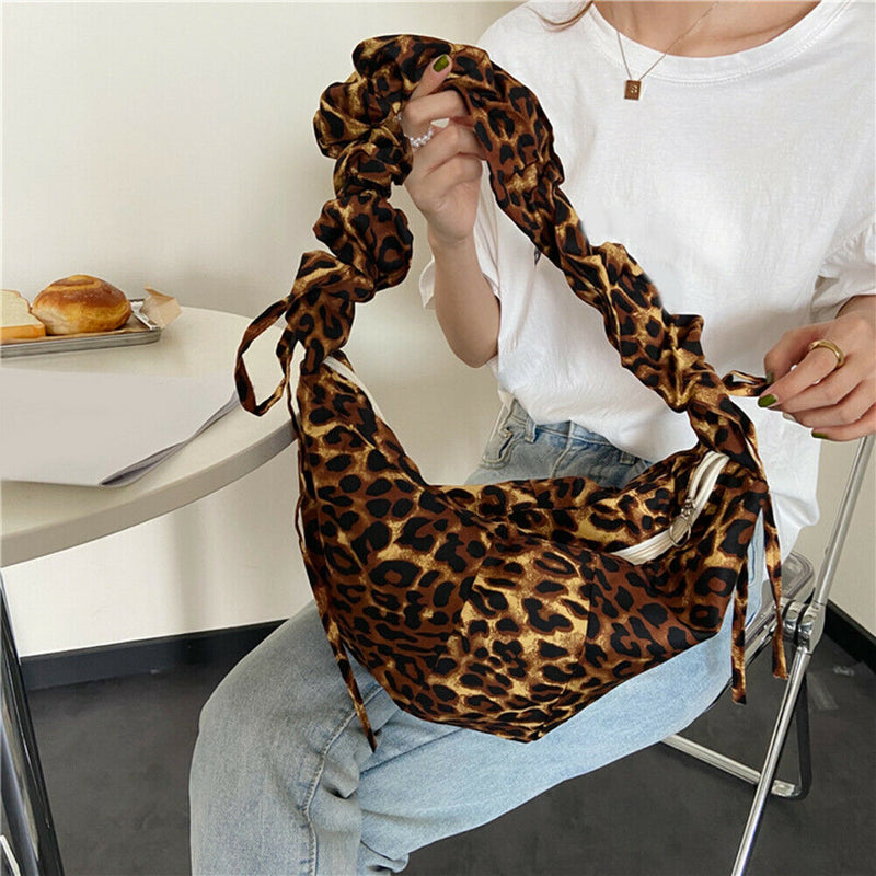Lady Leopard Casual Shoulder Handbags Retro Women Pleated Dumpling Crossbody Bag