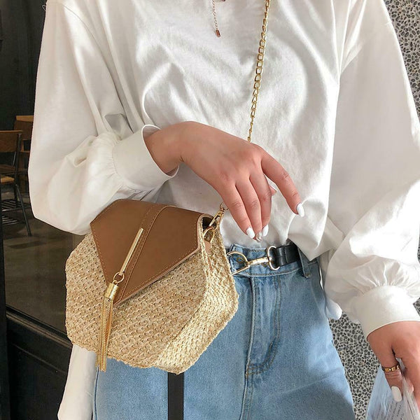 Hex-shape Straw+PU Shoulder Handbags Beach Women Top-handle Bags (Brown) A#S