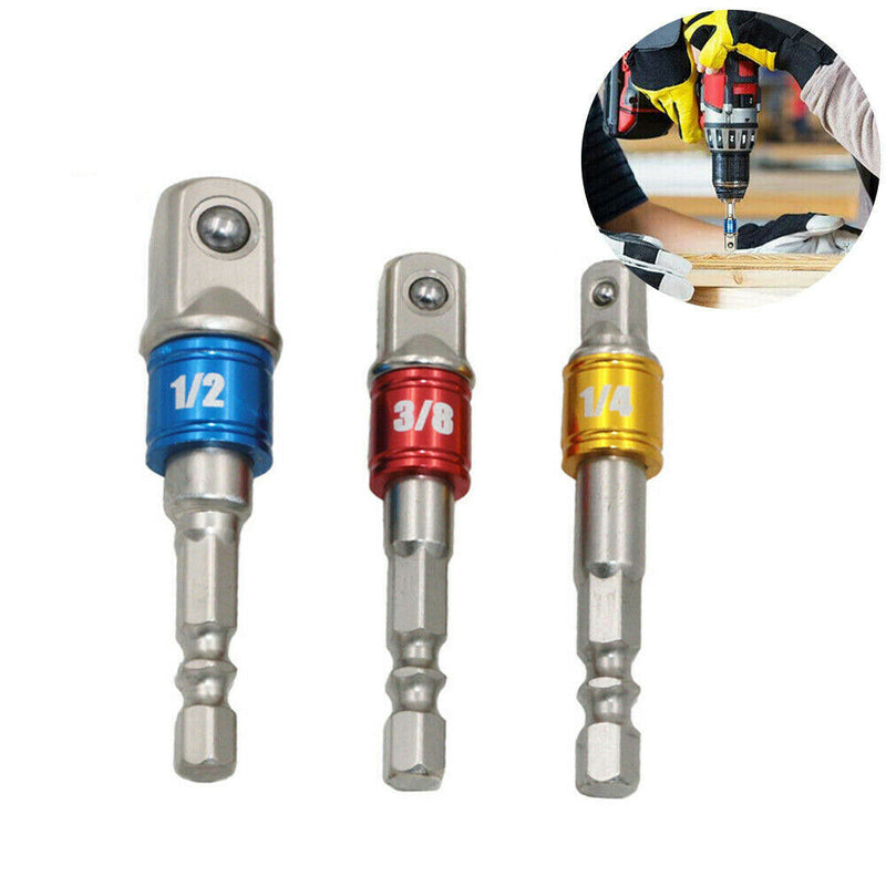 3PCS Drill Socket Adaptor Hex Drive To 1/4" 3/8" 1/2" Impact Drill BIts Driver