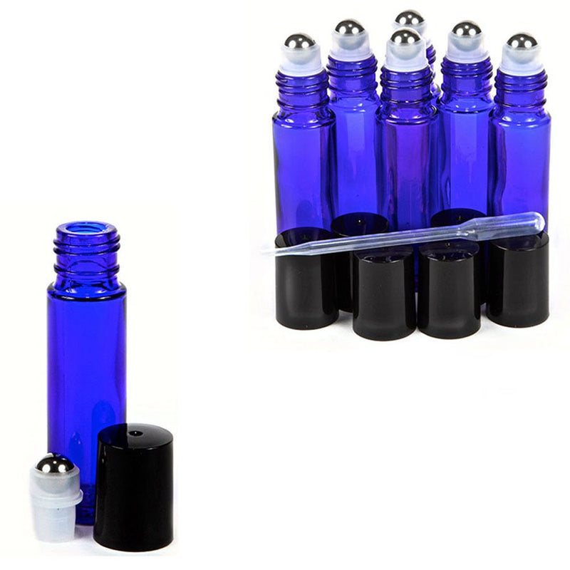 6pcs Stainless Steel Metal Roll on Bottles Cobalt Glass Roller Ball 10ml Blue FT