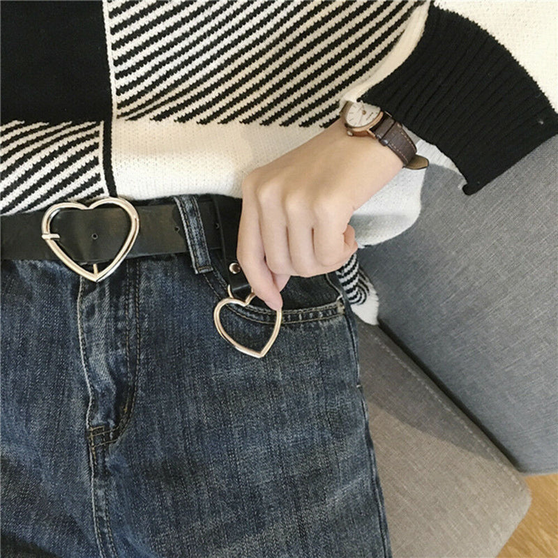 Women Leather Metal Buckle Belt Waistband Heart Shape Valentines Gift Black CA