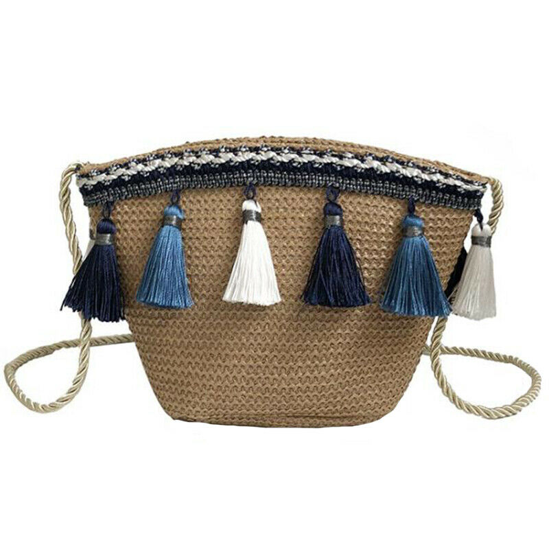 Women Tassel Coin Purse Diagonal Across The Shoulder Rattan Beach Bag(Brown)O5Y5
