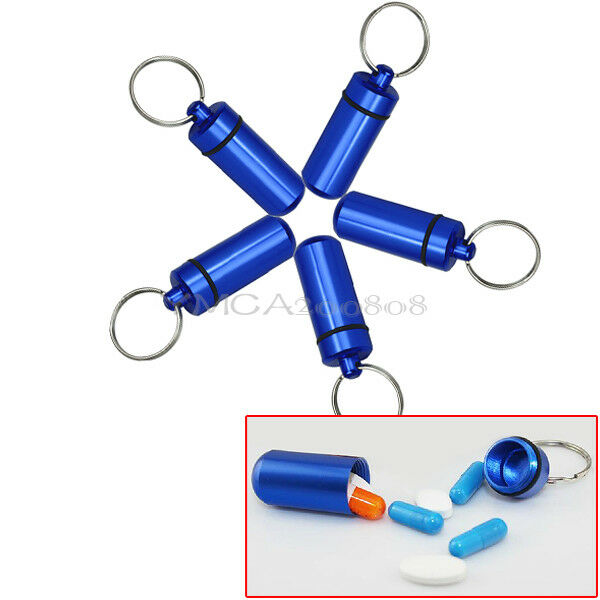 Durable 5pcs Waterproof Aluminum Medicine Pill Box Holder Keyring Container