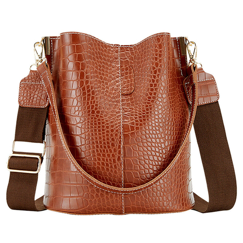 Crocodile Leather Women Shoulder Bag Messenger Bucket Handbag (Light Brown)