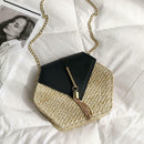 Hex-shape Straw+PU Shoulder Handbags Beach Women Top-handle Bags (Black) SN9F
