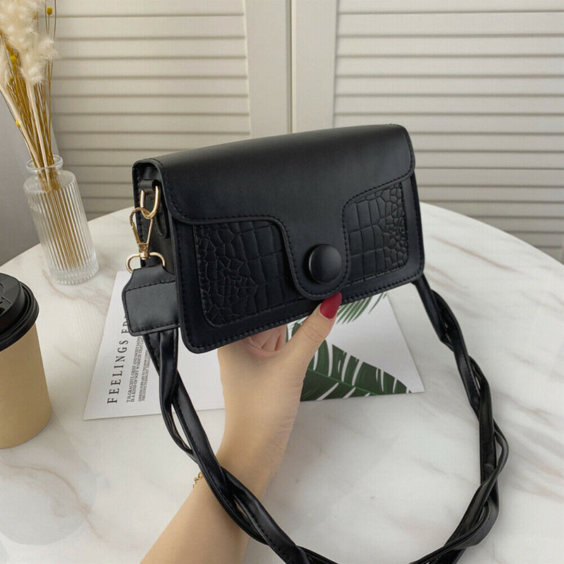 Retro Alligator PU Women Handbag Braid Strap Solid Shoulder Bags (Black)