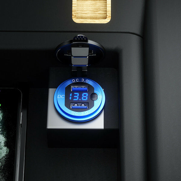 L4 Car Dual USB Charger QC3.0 USB Power Outlet w/ Voltmeter + Switch (Blue) A#S