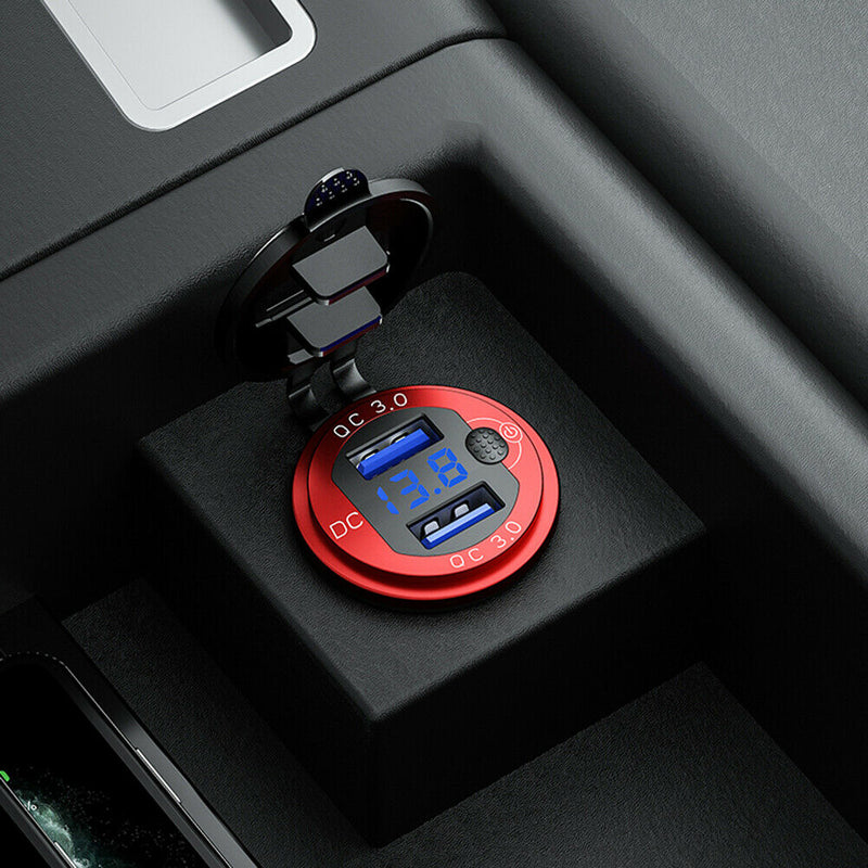 L4 Car Dual USB Charger QC3.0 USB Power Outlet w/ Voltmeter + Switch (Red)