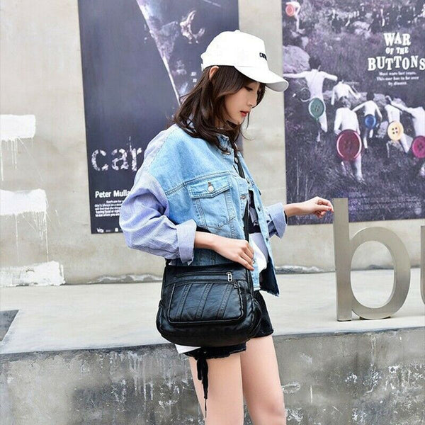 Fashion Women Crossbody Bag Black Soft Washed Leather Shoulder Bag Patchwor N3A9