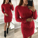 Women Long-Sleeved Bodycon Clubwear Ladies Plush Solid Color Dress (Red M)