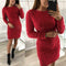 Women Long-Sleeved Bodycon Clubwear Ladies Plush Solid Color Dress (Red M)