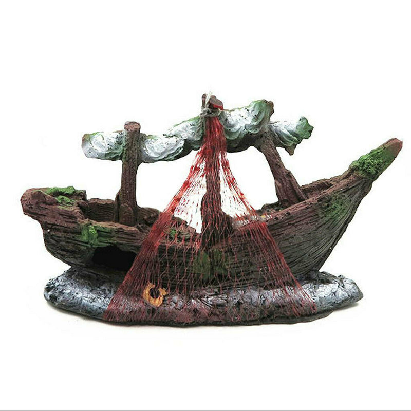 Wreck Boat Fishnet Fish Tank Aquarium Landscaping Underwater Ornament Decor