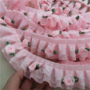 1 Yard/91cm 5cm Pink Rose Flower Ruffle Lace Trim Chiffon Pleated Ribbon Crafts